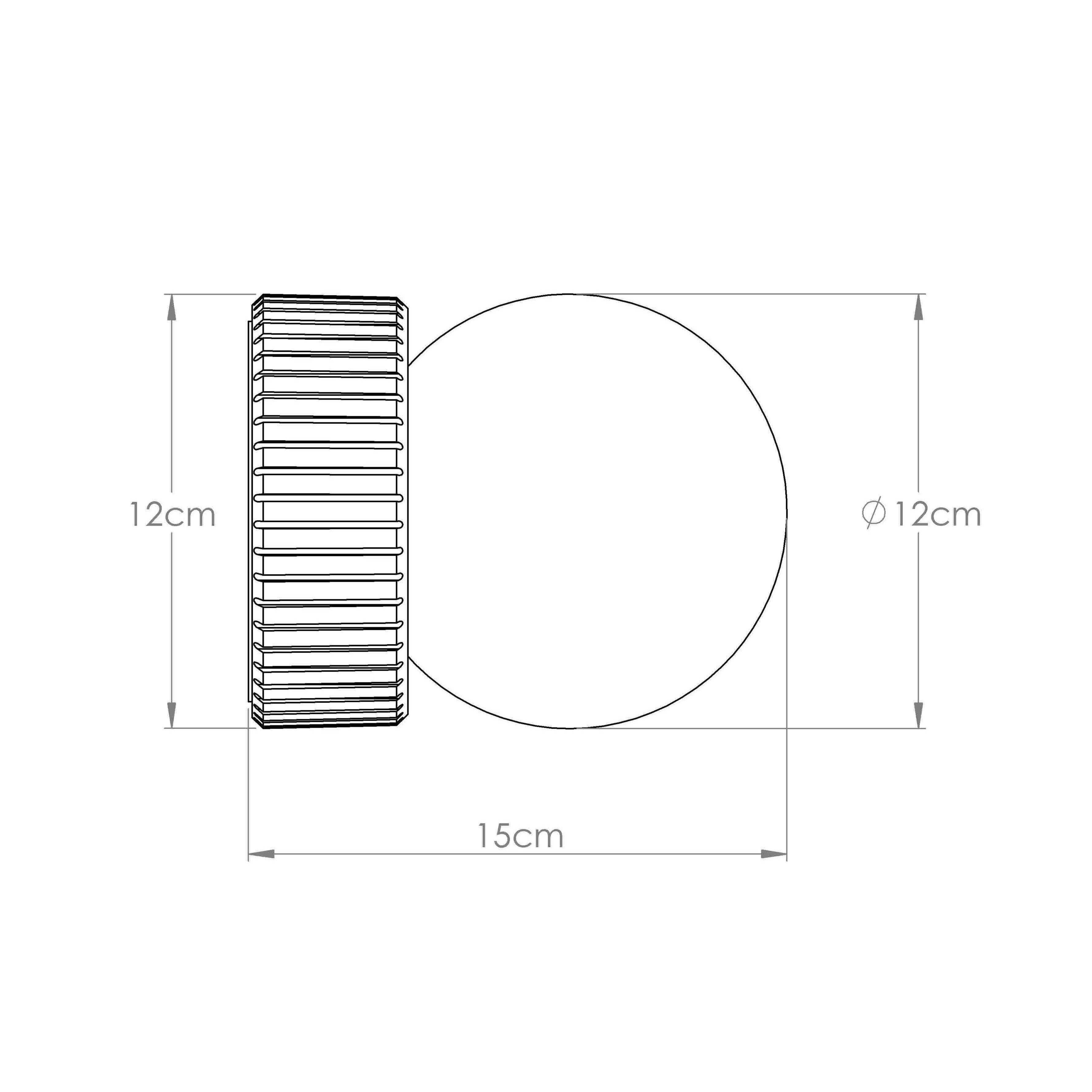 Desenho técnico da luminária de parede resistente à água Eclipse Bella Itália, com diâmetro de 40cm e profundidade de 6cm, ideal para corredores, lavabos, varandas e áreas externas.